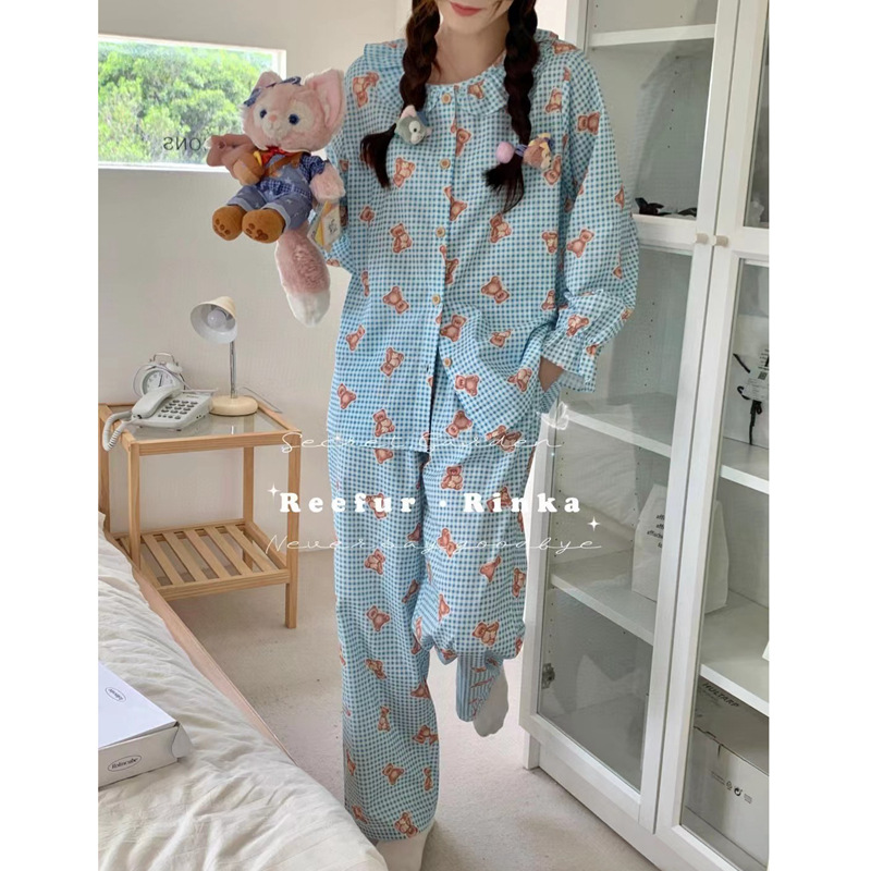 ReefurRinka 春秋新款 花边小熊格子ins甜美风简约梭织布女士睡衣