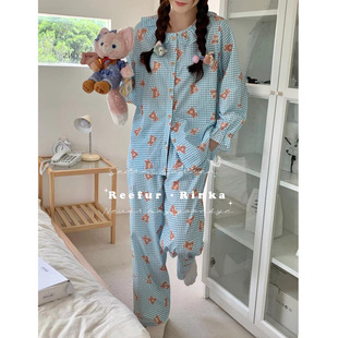 ReefurRinka 春秋新款 花边小熊格子ins甜美风简约梭织布女士睡衣