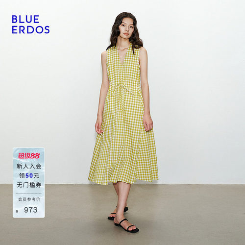 BLUE ERDOS2026夏季新品度假风黄色格纹气质V领无袖连衣裙女