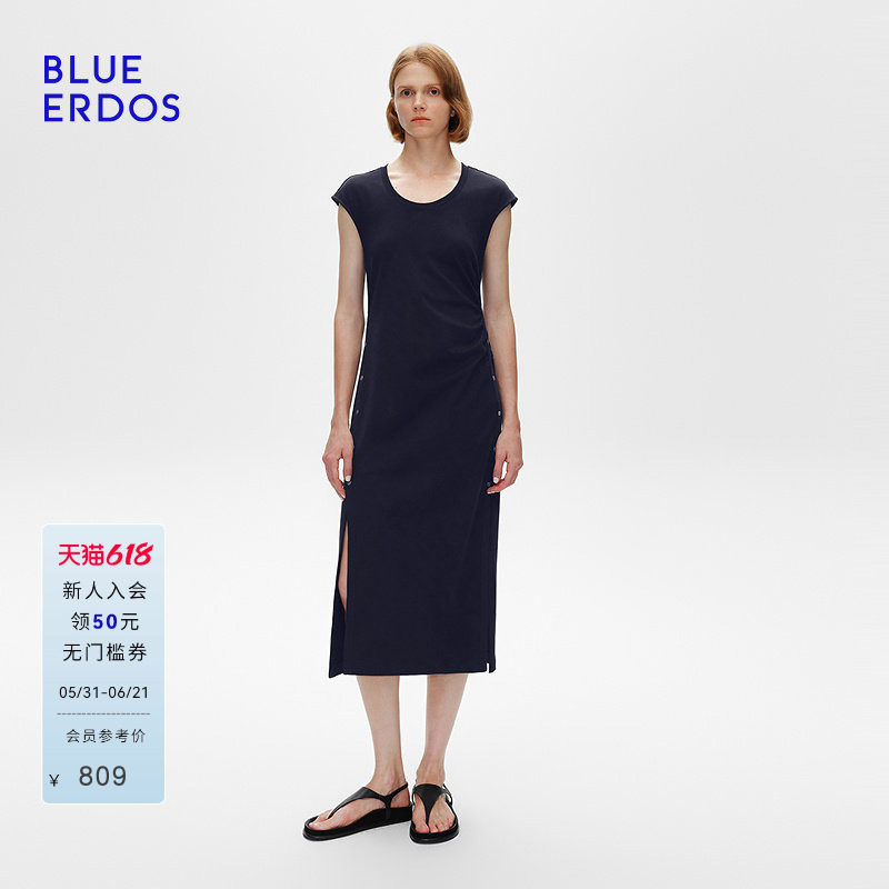 BLUE ERDOS夏季复古纯棉圆领开衩设计A字连衣裙B255D7003