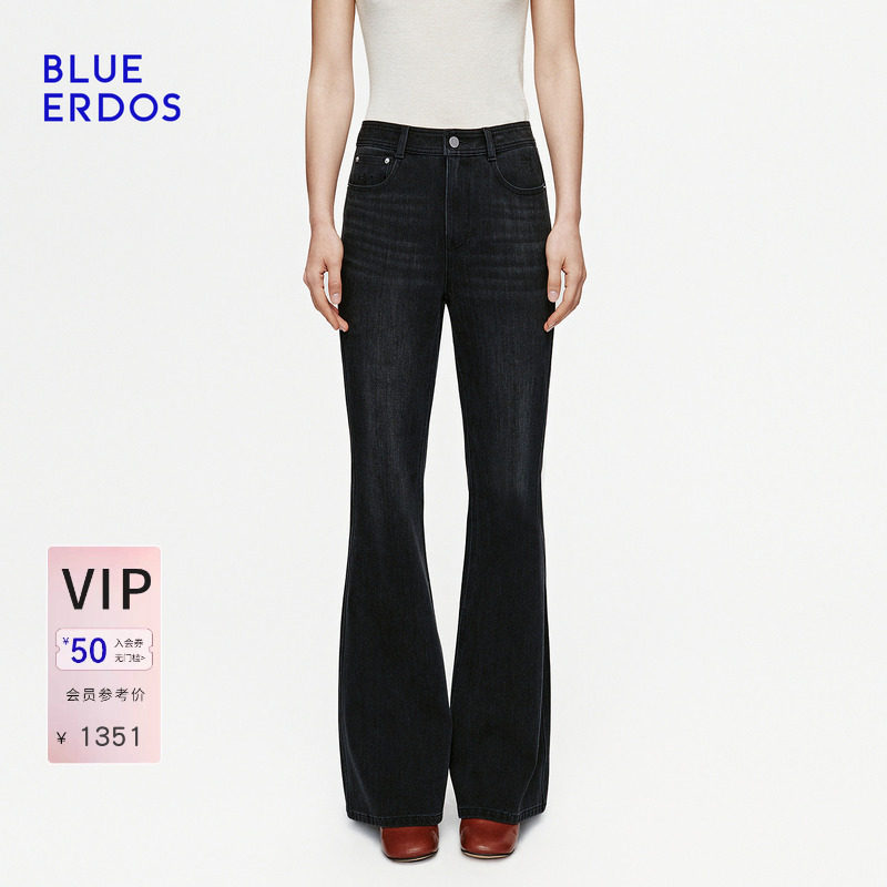 BLUE ERDOS2026秋冬新品牛仔长裤棉混纺修身复古水洗黑微喇裤女
