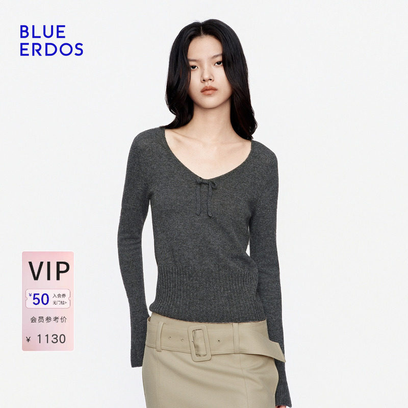 BLUE ERDOS2026秋冬新品温婉松弛山羊绒混纺喇叭袖V领长袖套衫女