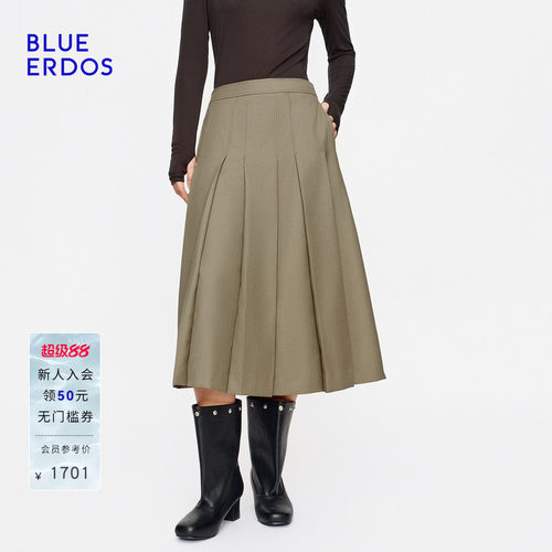 BLUE ERDOS2026秋冬新品经典质感绵羊毛混纺立体剪裁A字百褶半裙