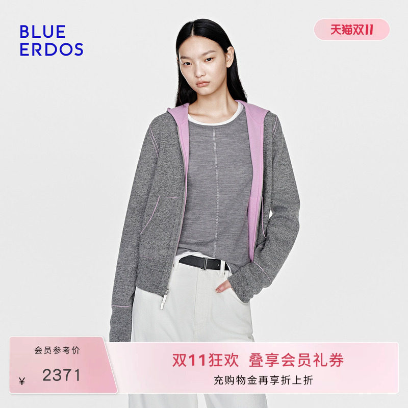 BLUE ERDOS26秋季通勤百搭绵羊毛混纺双面穿拉链连帽开衫女