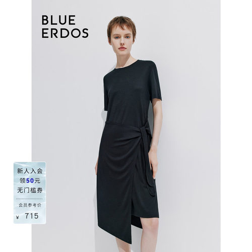 BLUE ERDOS 新款纯色圆领中长款不对称短袖连衣裙B245D7027
