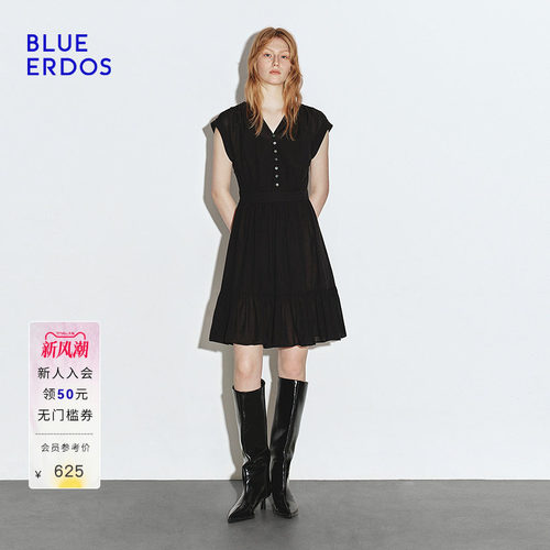 BLUE ERDOS 夏季时尚简约小V领黑色收腰两件套连衣裙B245I2022
