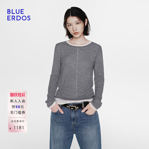 【100%绵羊毛】BLUE ERDOS2026秋季休闲百搭撞色圆领女针织衫