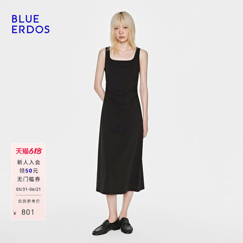 BLUE ERDOS26夏季新品休闲百搭背心式收腰褶皱显瘦连衣裙女
