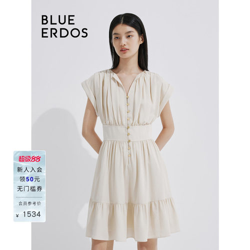 blueerdos褶皱短袖V领连衣裙
