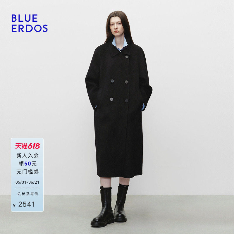 BLUE ERDOS春季复古百搭羊毛羊绒立领学院风双排扣毛呢大衣