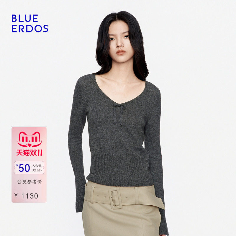 BLUE ERDOS2026秋冬新品温婉松弛山羊绒混纺喇叭袖V领长袖套衫女