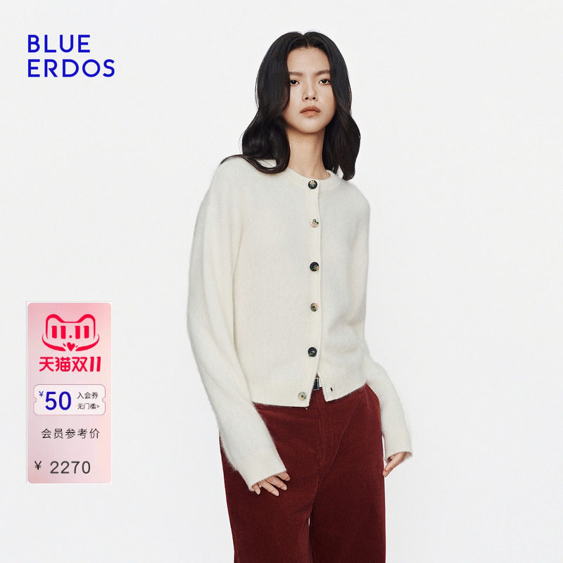BLUE ERDOS2026秋冬新品日常通勤随性羊毛羊绒混纺圆领针织开衫女