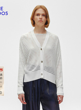 BLUE ERDOS春秋白色精纺V领镂空网眼女开衫外套B255D1030