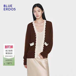 女B2265B036 慵懒风手钩蕾丝花边V领针织开衫 BLUE ERDOS26早春新品