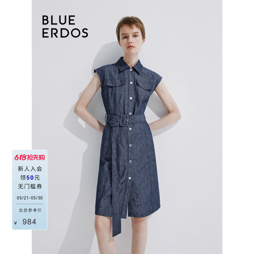 BLUE ERDOS 翻领无袖中长款仿牛仔感连衣裙B245I3027