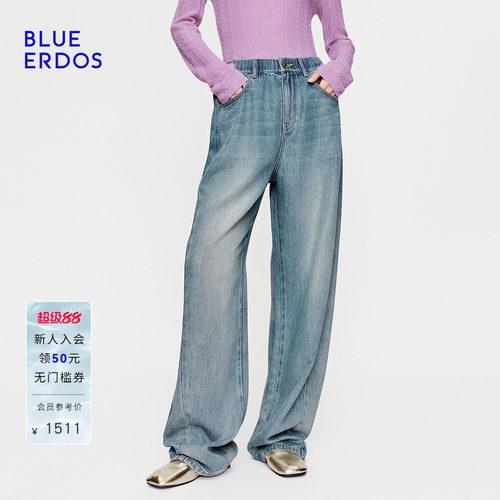 BLUE ERDOS2026秋冬新品复古松弛水洗做旧松紧腰直筒牛仔长裤女