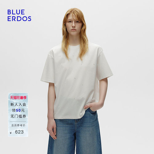 BLUE ERDOS 夏季新品气质简约手工钉珠正肩百搭T恤B256H1012