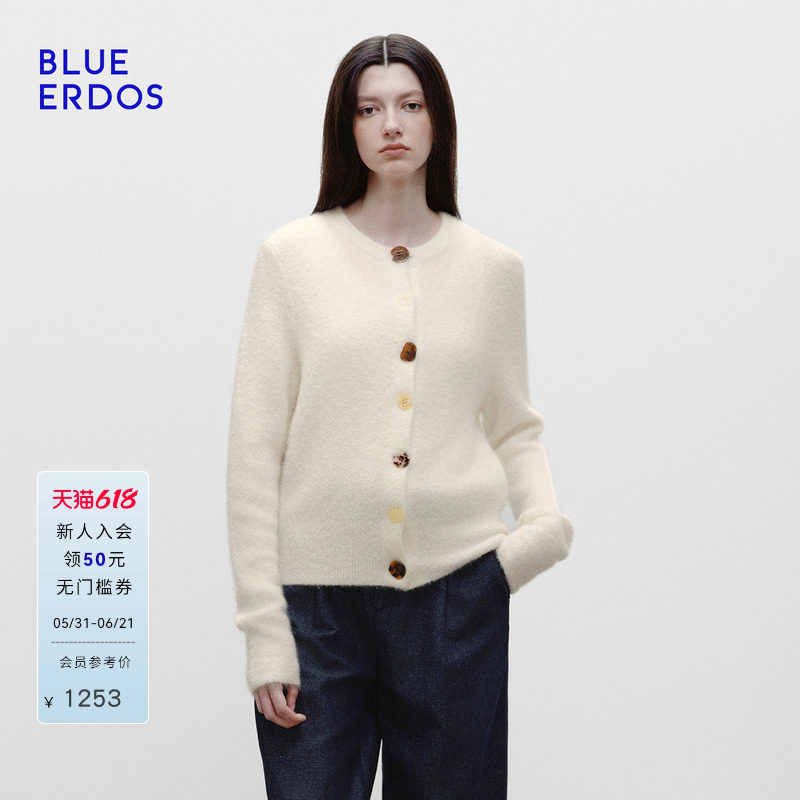 BLUE ERDOS2026春夏新品休闲山羊绒混纺不规则彩扣圆领针织开衫