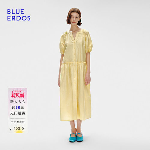 BLUE ERDOS夏季宽松欧若风V领泡泡袖中长款连衣裙B255I2006