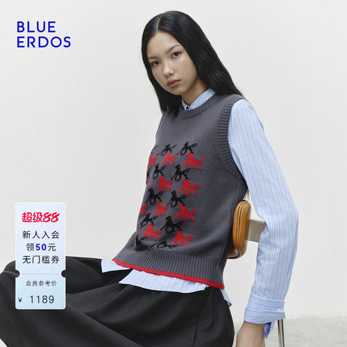 BLUE ERDOS春季新品休闲百搭小马提花图案羊毛羊绒圆领背心女