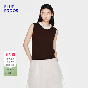 BLUE 休闲百搭手钩蕾丝边V领针织背心女B2265E014 ERDOS26早春新品