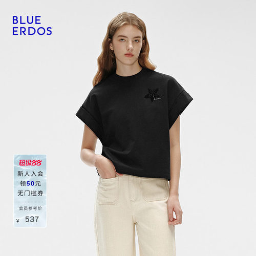BLUE ERDOS夏季简约直筒舒适全棉落肩袖短袖T恤女B255H1017