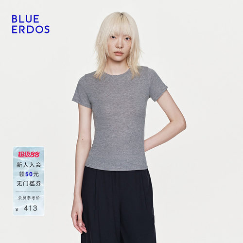 BLUE ERDOS26早春新品简约通勤绵羊毛混纺修身圆领短袖T恤女