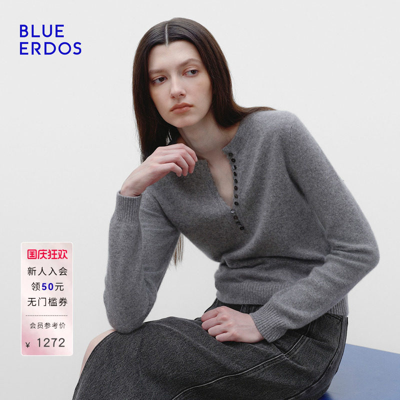 【明星同款】BLUE ERDOS秋季格雷系山羊绒混纺半开圆领羊绒衫女图片