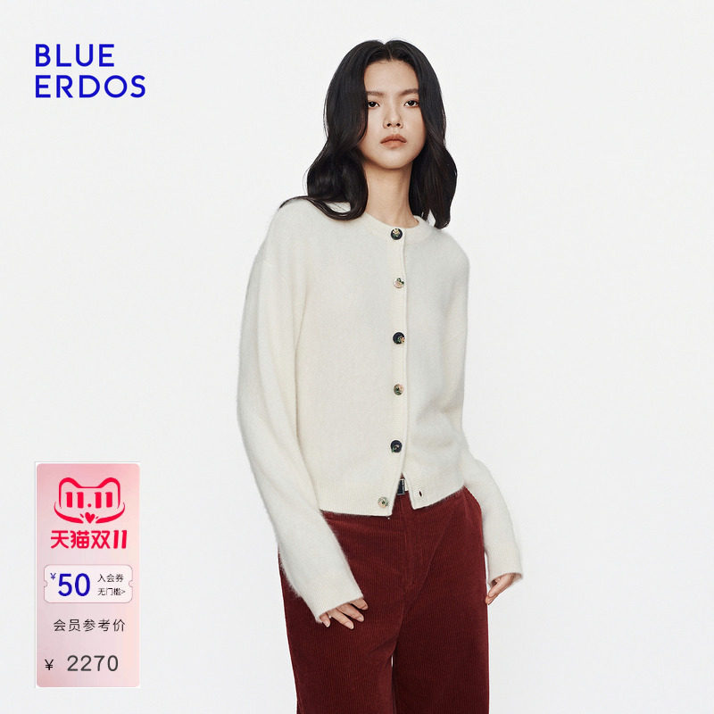 BLUE ERDOS2026秋冬新品日常通勤随性羊毛羊绒混纺圆领针织开衫女