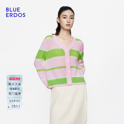 【空气羊绒】BLUE ERDOS2026秋冬新品元气感撞色条纹V领针织开衫