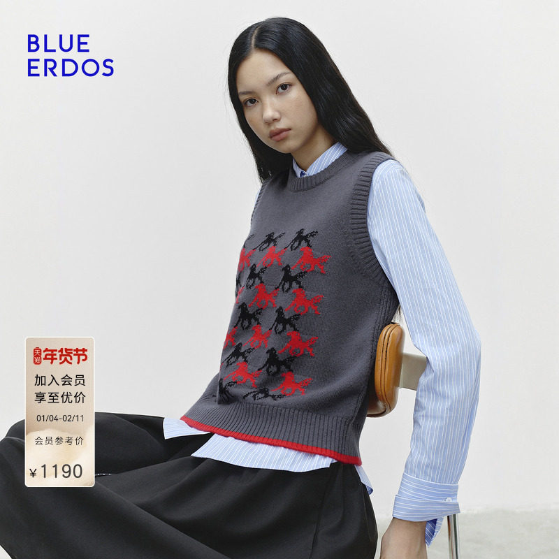 BLUE ERDOS冬季新品休闲百搭小马提花图案羊毛羊绒圆领背心女,女装/女士精品,羊绒衫,淘宝优惠券,粉丝福利购,淘宝优惠卷