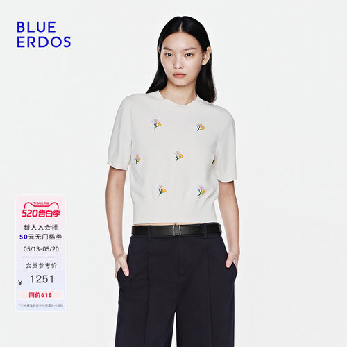 BLUE ERDOS2026夏季新品日常通勤立体绣花圆领短袖上衣女田园风