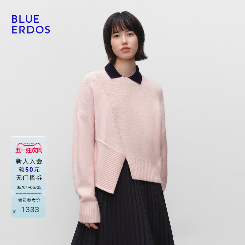 BLUE ERDOS 冬季新品时尚简约羊毛羊绒不规则设计圆领女针织衫