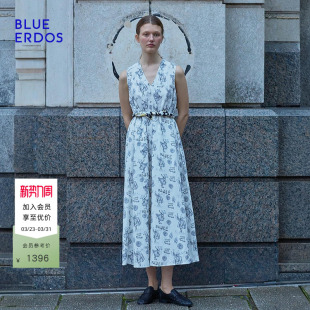 V领修身 复古通勤无袖 印花连衣裙B255I4020 ERDOS春季 BLUE