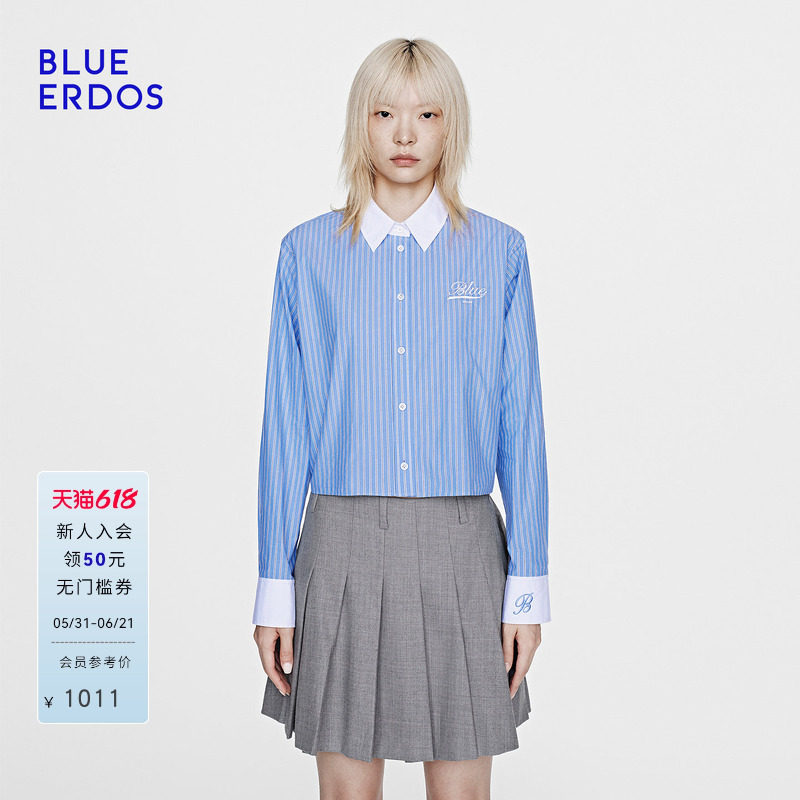 【100%棉】BLUE ERDOS26早春新品休闲百搭蝙蝠袖短款条纹衬衫女