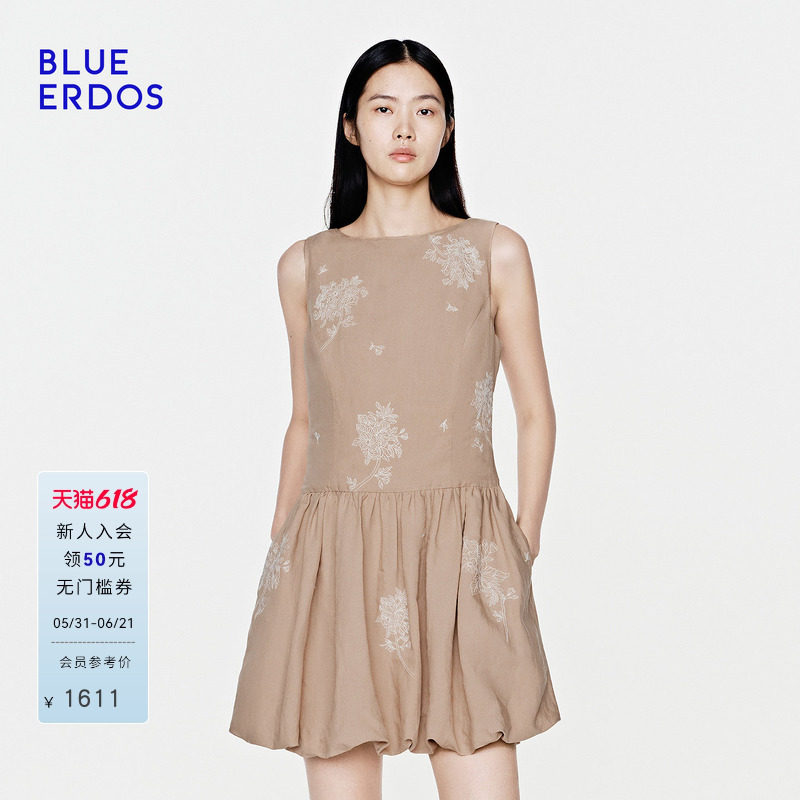 BLUE ERDOS2026夏季新品温柔气质一字领花卉刺绣轻熟风无袖连衣裙