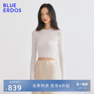 BLUE ERDOS秋冬休闲纯色竖条纹短款高腰紧身针织打底衫女