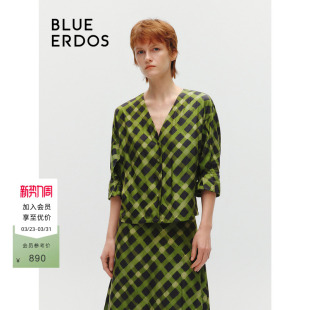 ERDOSV领七分袖 BLUE 格纹上衣B246HB013 桑蚕丝