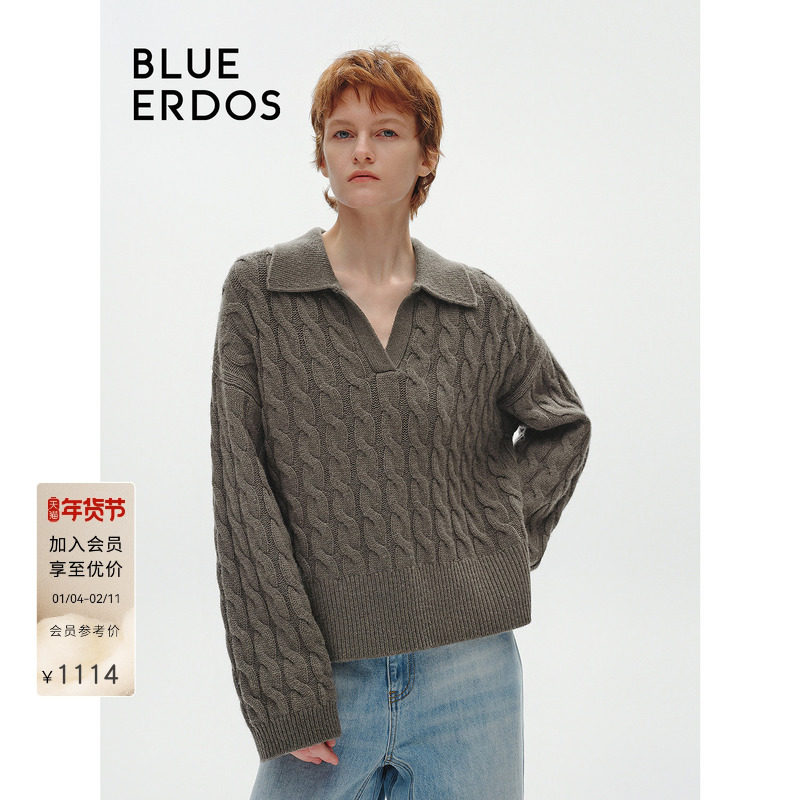 BLUE ERDOS冬季慵懒风翻领复古绞花针织套衫女B246A0077,女装/女士精品,羊绒衫,淘宝优惠券,粉丝福利购,淘宝优惠卷