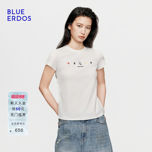 BLUE ERDOS2026秋季新品休闲清新立体植绒小花刺绣圆领短款T恤女