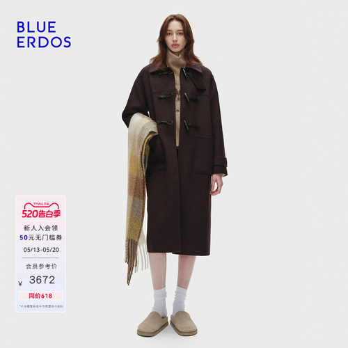 BLUE ERDOS春季新品休闲学院风羊毛混纺翻领牛角扣长款女大衣