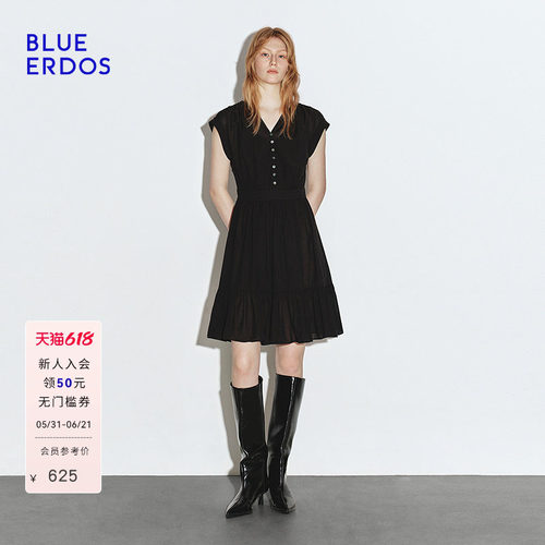 BLUE ERDOS 夏季时尚简约小V领黑色收腰两件套连衣裙B245I2022