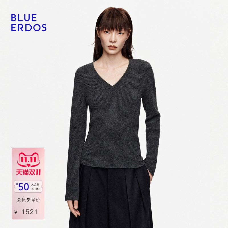 【100%山羊绒】BLUE ERDOS2026秋冬新品简约修身V领抽条长袖套衫
