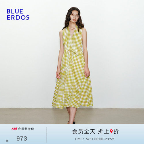 BLUE ERDOS2026夏季新品度假风黄色格纹气质V领无袖连衣裙女