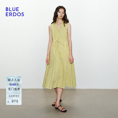 BLUE ERDOS2026夏季新品度假风黄色格纹气质V领无袖连衣裙女