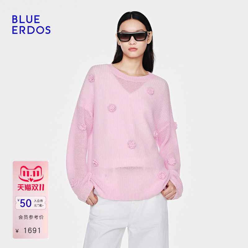 【空气羊绒】BLUE ERDOS26秋季新休闲百搭羊毛羊绒立体勾花圆领衫