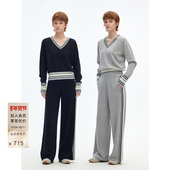 BLUE ERDOSmiu系慵懒风条纹拼接V领羊毛羊绒针织套衫