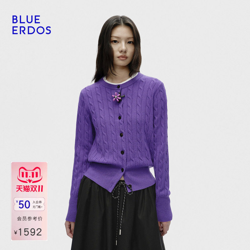 【100%山羊绒】BLUE ERDOS2026秋冬新品复古修身圆领绞花女开衫