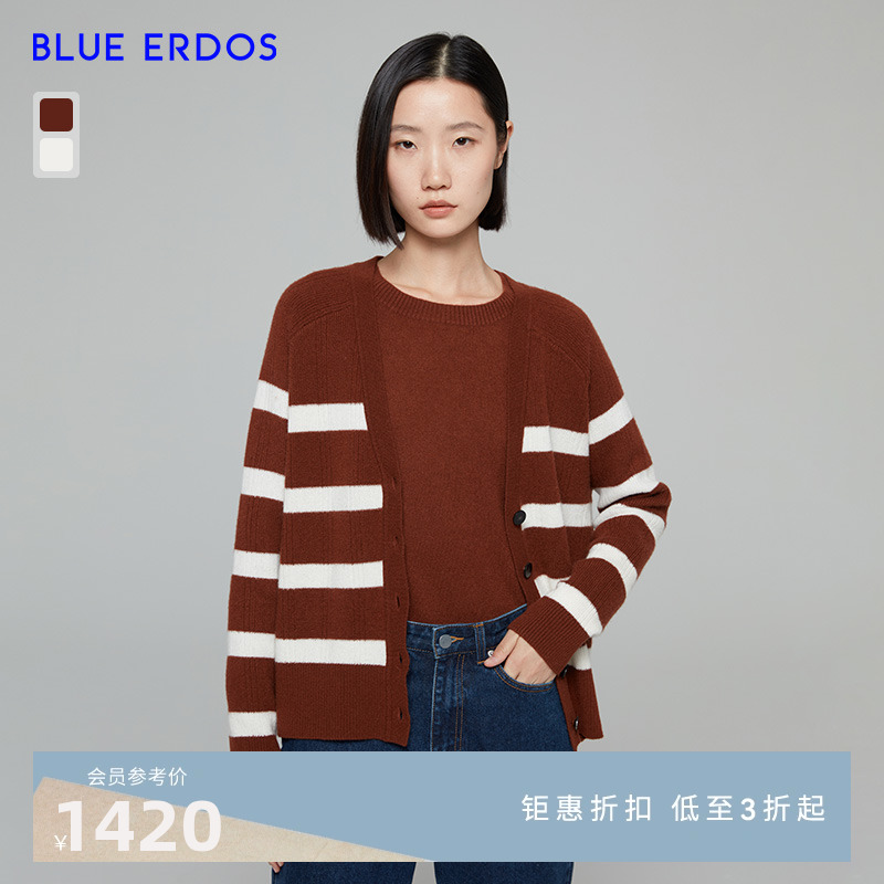 BLUE ERDOS女装 秋冬长袖V领条纹设计夹条羊绒针织衫女开衫 女装/女士精品 羊绒衫 原图主图