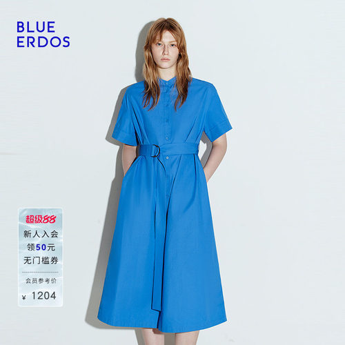 【100%棉】BLUE ERDOS 夏季简约克莱因蓝设计感连衣裙B245I3013